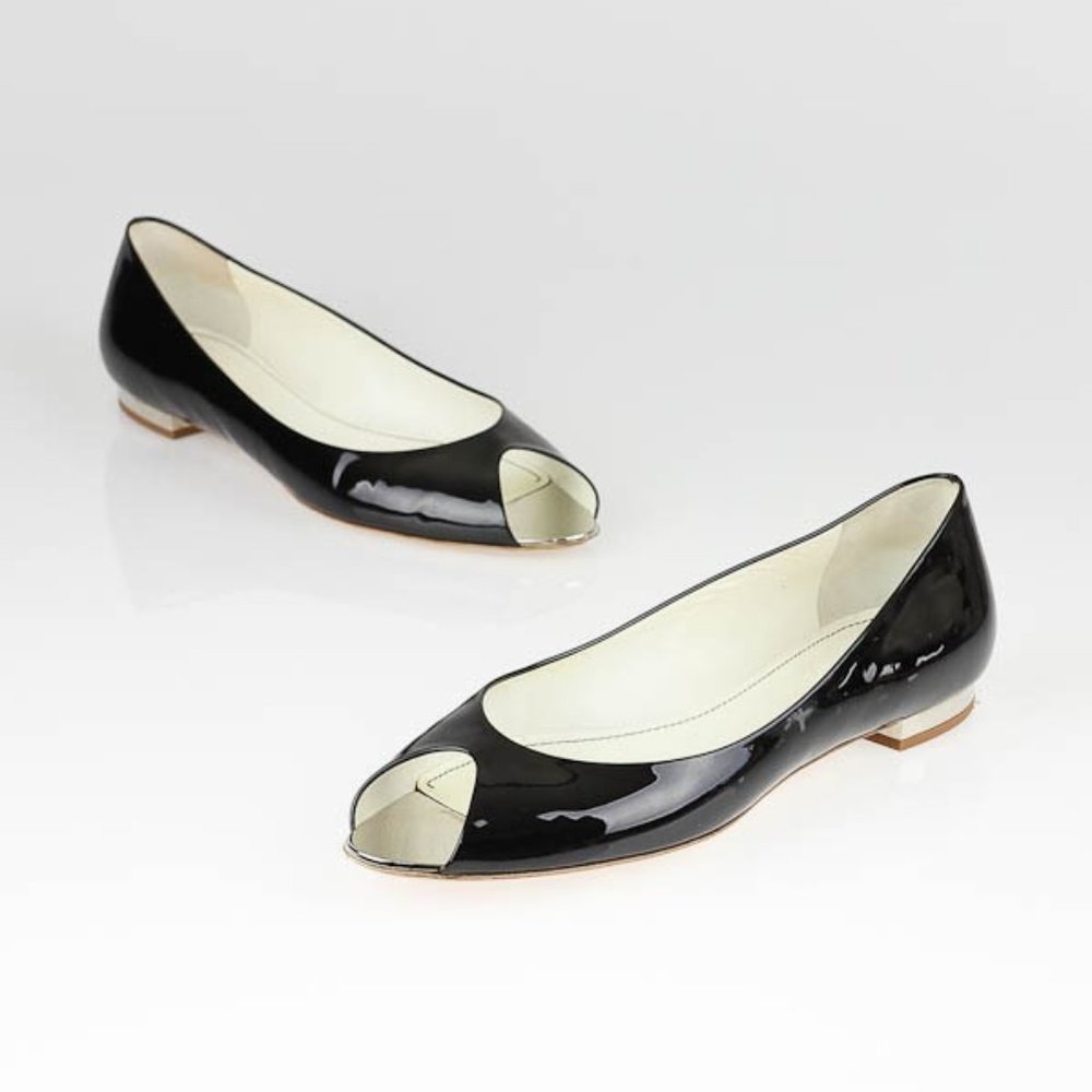 Chanel Black Patent Leather Peep Toe Flats